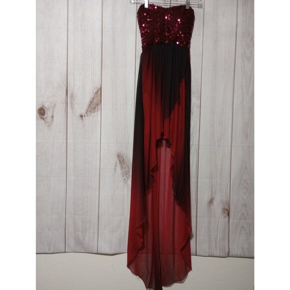 Sequin Hearts Dress Womens Size 3 Red Black Strapless Sequin High Low Prom Party - Picture 1 of 9